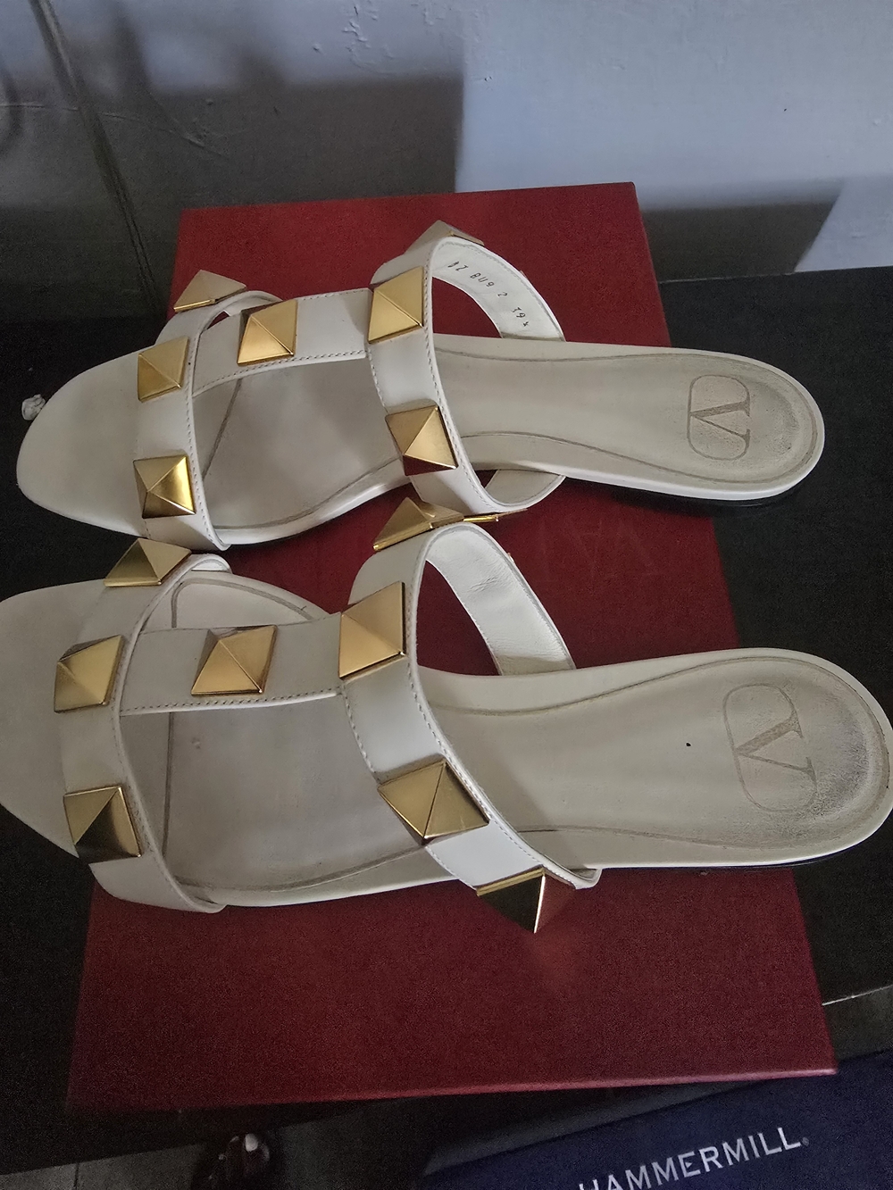 Valentino White Leather Slide Sandals with Gold Pyramid Studs - Picture 2 of 6